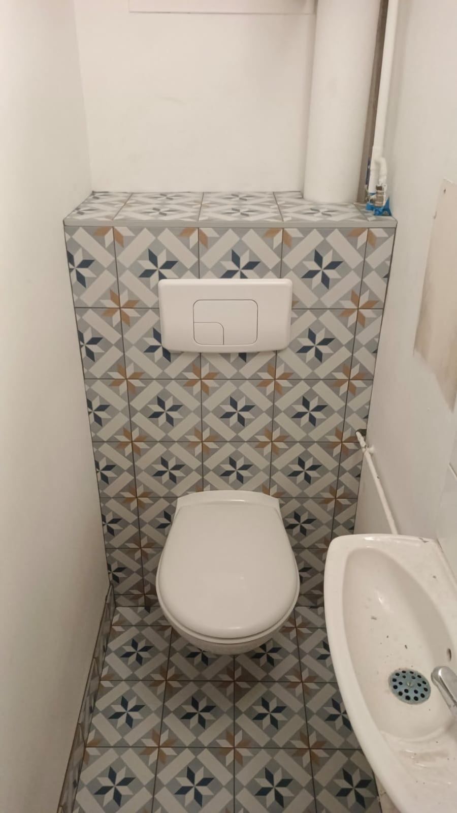 Les mêmes WC refaits : carreaux de ciment à motifs au sol, cuvette et plaque de commande neuves